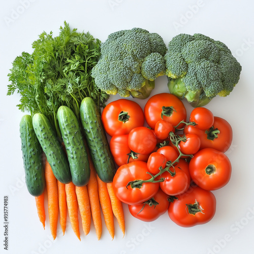 Colorful arrangement of fresh vegetables resembling a flag, showcasing cucumbers, tomatoes, broccoli, and carrots on a white background