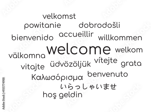 Vector abstract word cloud made up of different languages, the dominant word is the English "welcome" surrounded by its translations into other languages. 