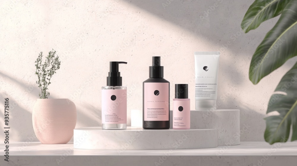 A collection of skincare bottles and jars arranged on pedestals with a soft pink color scheme and plants in the background, creating a stylish and serene setting. A collection of skincare bottles and jars arranged on pedestals with a soft pink color scheme and plants in the background, creating a stylish and serene setting.