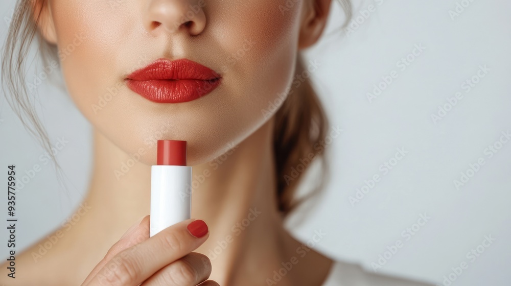 Close-up of a woman's lips with red lipstick and a lipstick tube in her hand. Close-up of a woman's lips with red lipstick and a lipstick tube in her hand.