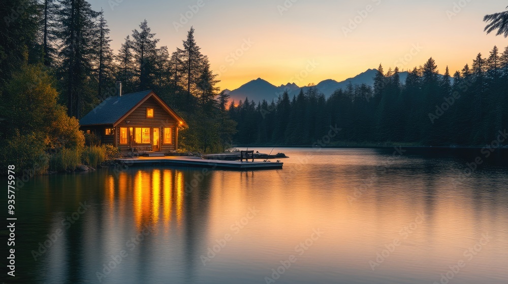 Fototapeta premium Tranquil Lakeside Cabin at Twilight with Reflective Waters