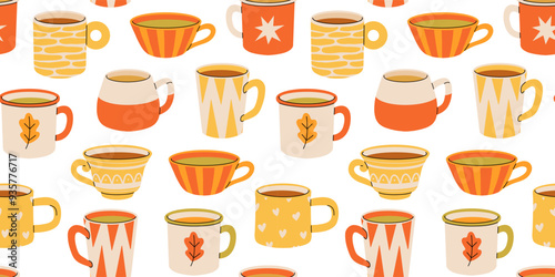 Seamless pattern with various tea cups and teapot. Cute autumn dishes different shapes and ornaments. Hand drawn color vector background in Modern flat cartoon style.