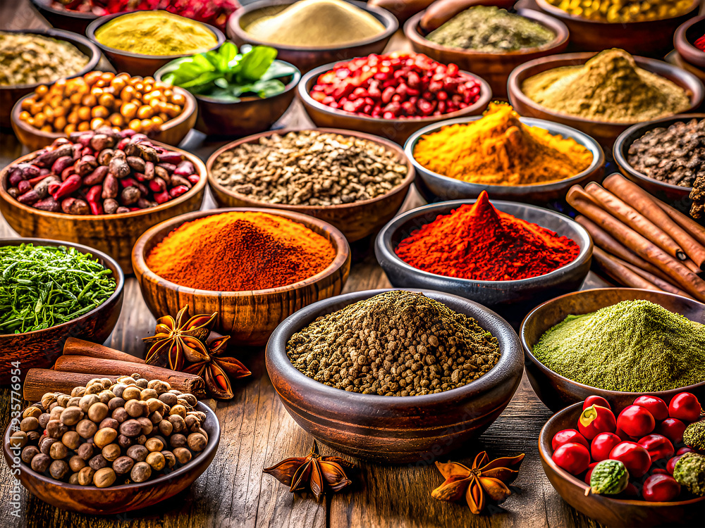 Close-up Different spices in bowls Close-up Different spices in bowls