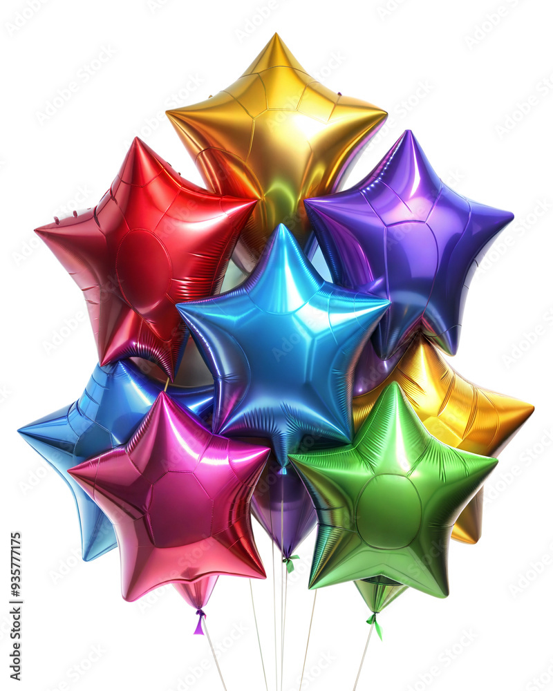 Obraz premium Colorful star-shaped foil balloons in various colors on transparent background. Concept of celebration, party, decoration, and festive atmosphere