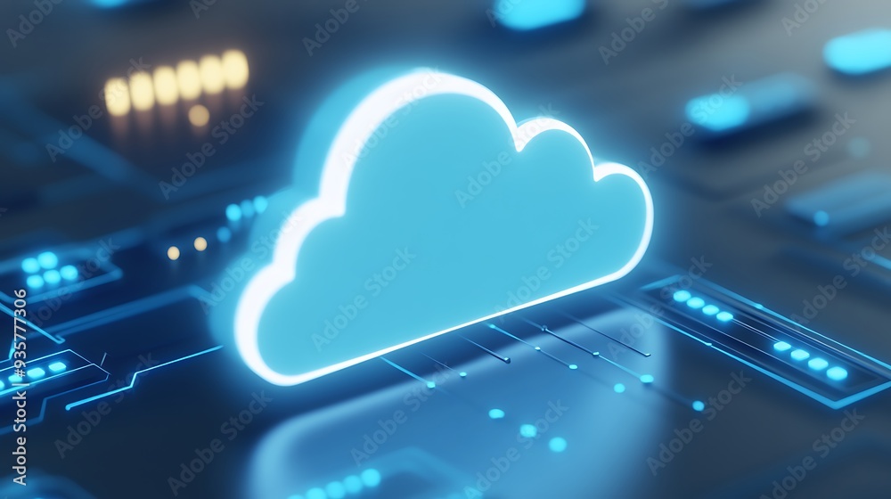 Digital representation of a glowing cloud icon on a futuristic circuit board, symbolizing cloud computing and advanced technology. Digital representation of a glowing cloud icon on a futuristic circuit board, symbolizing cloud computing and advanced technology.