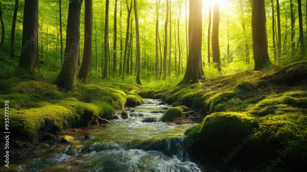 Idyllic Forest Scene with Flowing Stream
