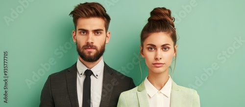 Minimal portrait of a young man and woman in business attire facing the camera against a pastel green background. Copy space image. Place for adding text and design photo