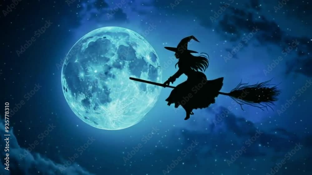 Silhouette of a Witch Flying on a Broom, Mysterious and Enchanting, Against a Moonlit Halloween Sky Silhouette of a Witch Flying on a Broom, Mysterious and Enchanting, Against a Moonlit Halloween Sky
