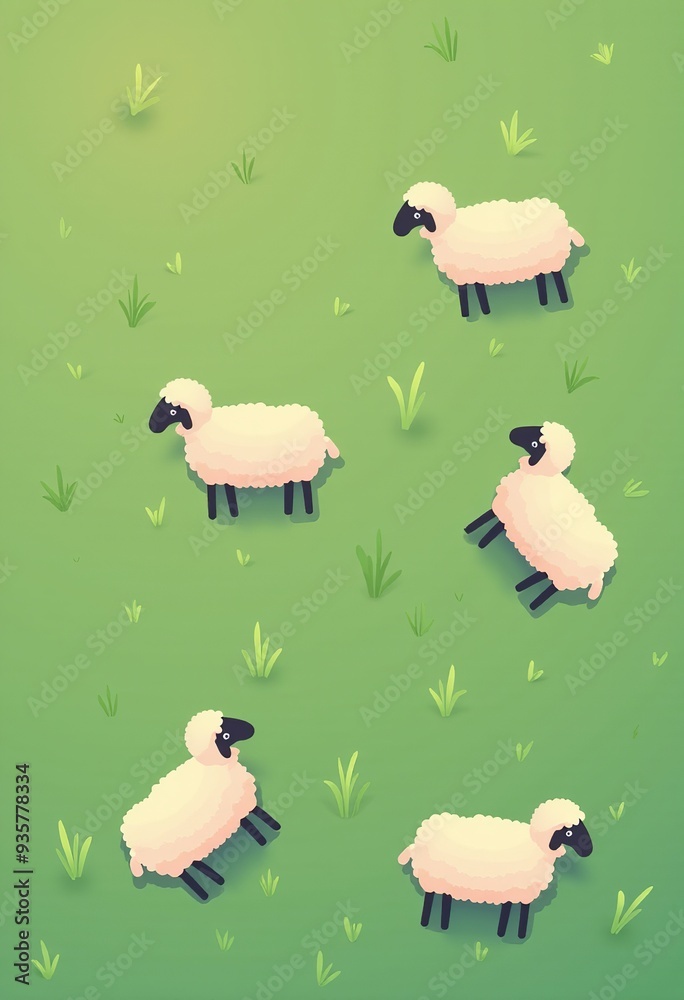 Pastel Sheep Illustration: Top View of Resting Sheep on a Dreamy Grassland
