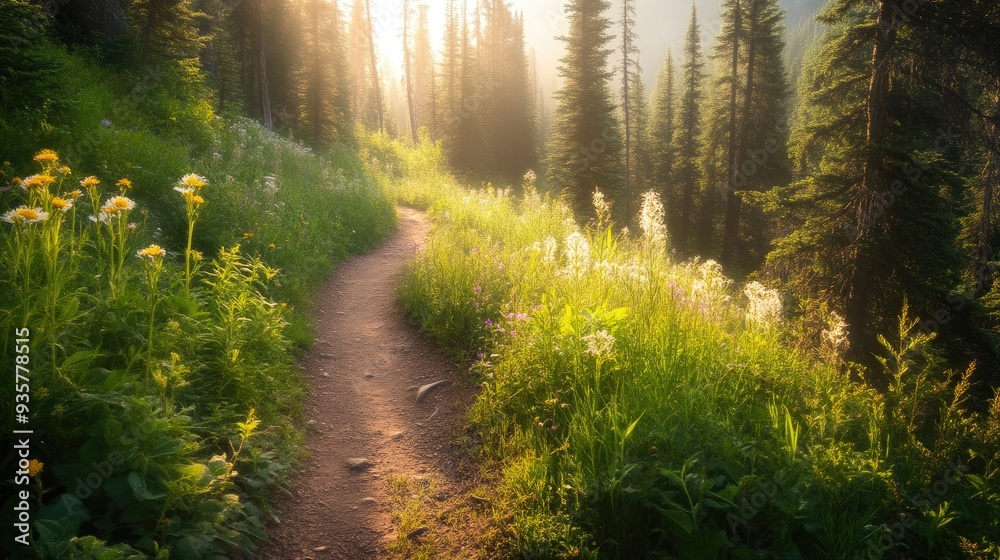 Fototapeta premium Idyllic Forest Pond and Blooming Trees in Spring