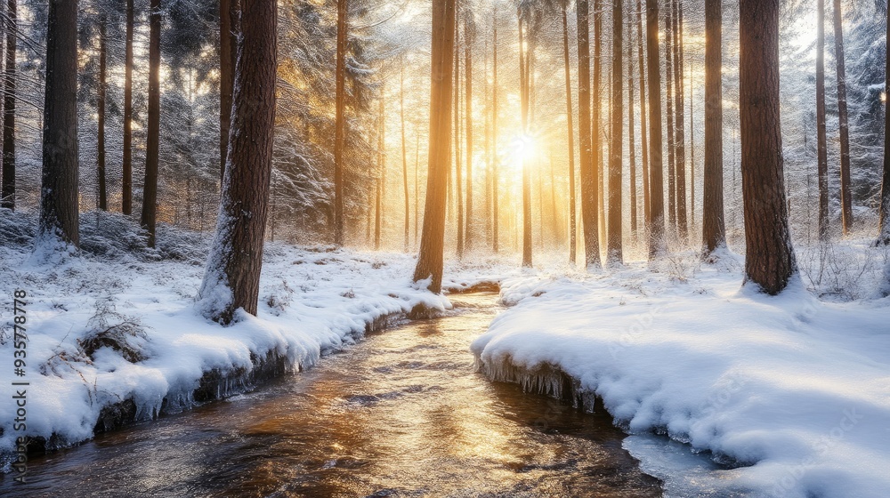 Snowy Winter Forest with Gentle Stream Snowy Winter Forest with Gentle Stream