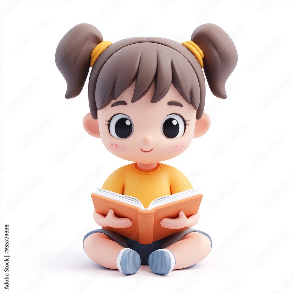 Kawaii Clay Girl Reading Icon: 3D Blender Model with Colorful Design, Isolated on White Background Kawaii Clay Girl Reading Icon: 3D Blender Model with Colorful Design, Isolated on White Background