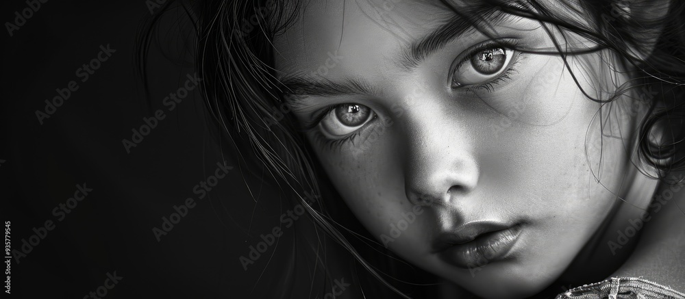 Black and white portrait of a young girl. Copy space image. Place for adding text and design Black and white portrait of a young girl. Copy space image. Place for adding text and design