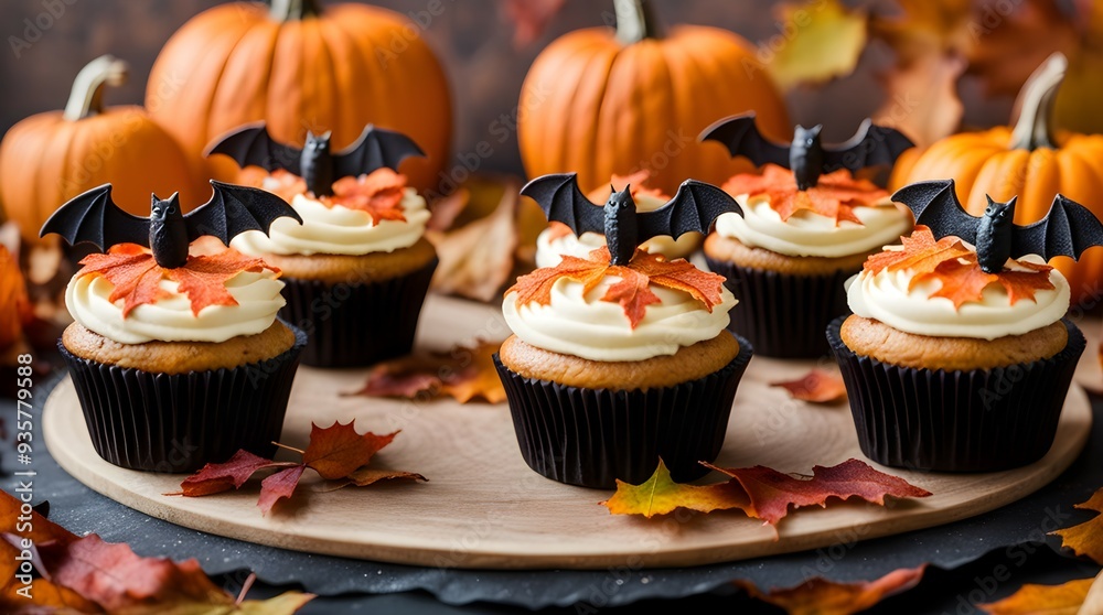 Halloween Cupcakes Muffins with Cream Chocolate Bats on Top Leaves Pumpkins in Background Halloween Cupcakes Muffins with Cream Chocolate Bats on Top Leaves Pumpkins in Background