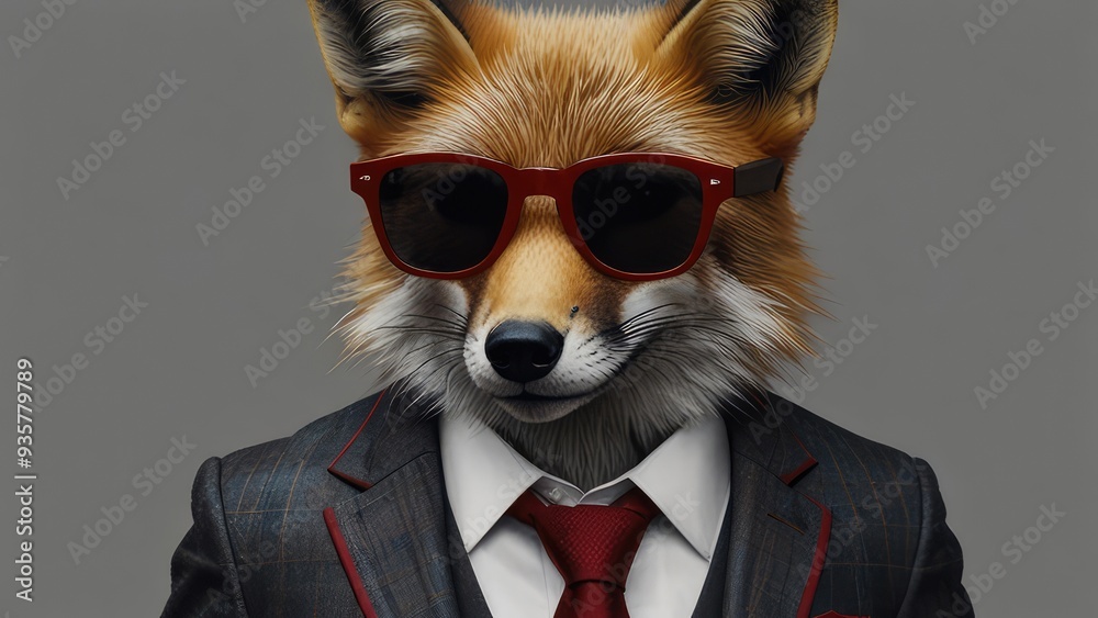 Red fox portrait with a suit and tie with sunglasses set on a plain background. Artificial Intelligence