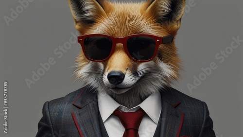 Obraz na płótnie Red fox portrait with a suit and tie with sunglasses set on a plain background. Artificial Intelligence w salonie