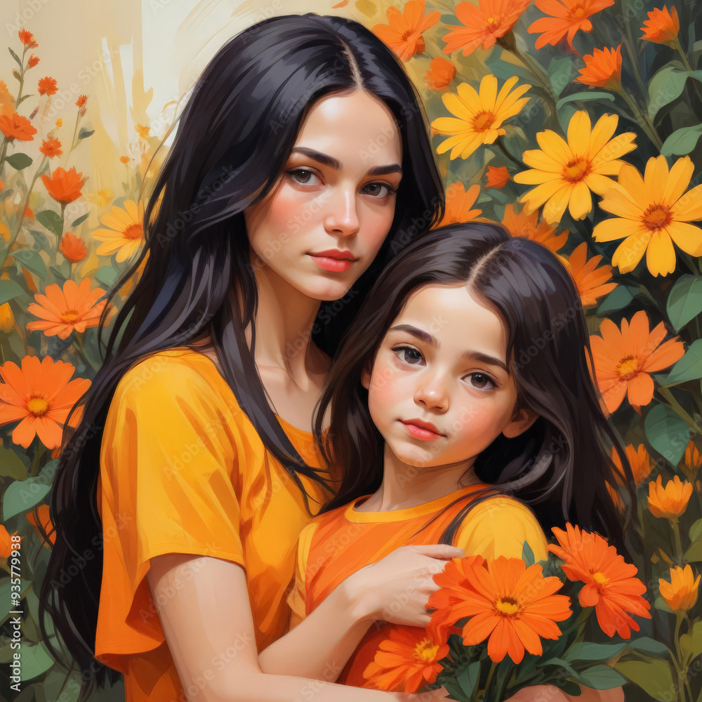 Young mother holding her daughter in her arms surrounded by flowers. Motherhood concept Young mother holding her daughter in her arms surrounded by flowers. Motherhood concept
