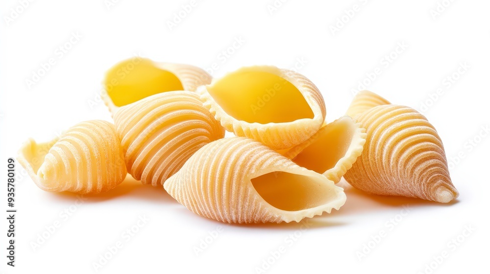 A close-up of a pile of raw, uncooked pasta shells isolated on a white background. A close-up of a pile of raw, uncooked pasta shells isolated on a white background.
