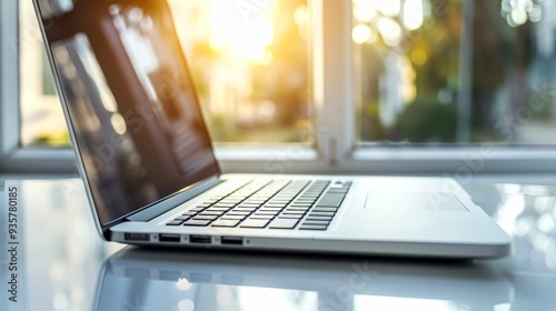 A Laptop on a Desk Near a Window with a Sunlit Background