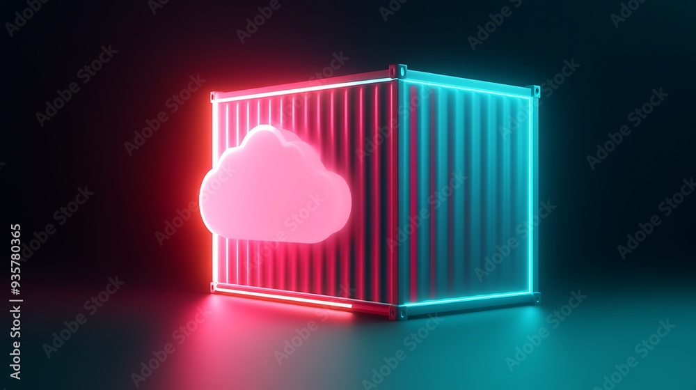 Futuristic 3D rendering of a glowing cloud symbol integrated with a neon-lit shipping container on a dark background. Futuristic 3D rendering of a glowing cloud symbol integrated with a neon-lit shipping container on a dark background.