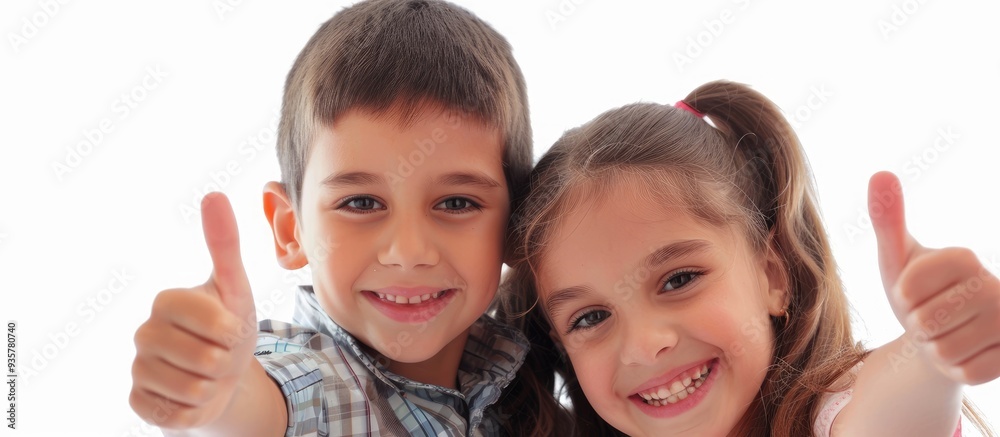 A brother and sister showing a thumbs up. Copy space image. Place for adding text and design A brother and sister showing a thumbs up. Copy space image. Place for adding text and design