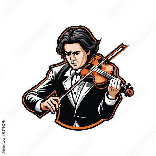 A man in a tuxedo plays the violin with a bow, his expression focused and determined.