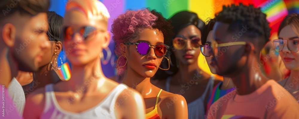 A group of people wearing sunglasses and colorful clothing A group of people wearing sunglasses and colorful clothing