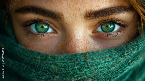 A close view reveals striking green eyes full of depth and emotion, framed by a delicate scarf. The soft lighting accentuates freckles and highlights the unique beauty of the subject