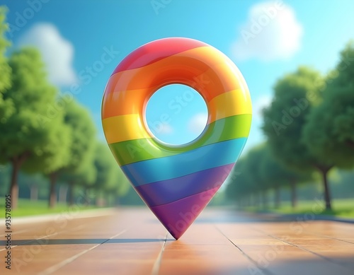 A colorful 3D location symbol showcasing a rainbow gradient, with a blurred nature background featuring trees and a blue sky, illustrating a vibrant outdoor setting create with ai