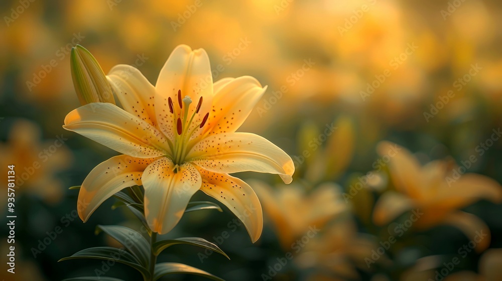 Fototapeta premium A Single Light Yellow Lily with Dark Orange Spots in a Field of Blurry Lilies