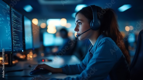 A focused individual wearing a headset engages with multiple computer screens, likely working in a tech or customer support environment