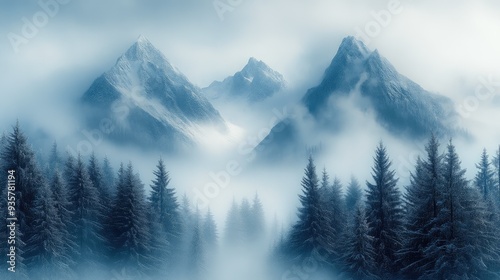 Snowy Peaks Shrouded in Gentle Winter Fog