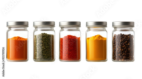 Fototapeta Naklejka Na Ścianę i Meble -  Set of assorted spices in glass jars isolated on transparent background