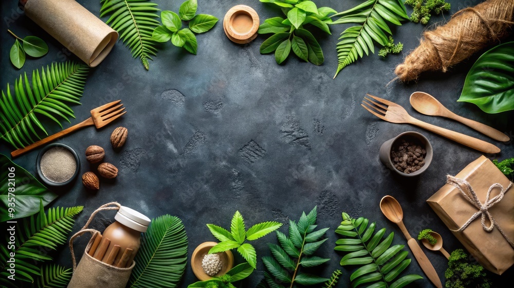 Eco friendly items and nature theme on dark backdrop with room for text