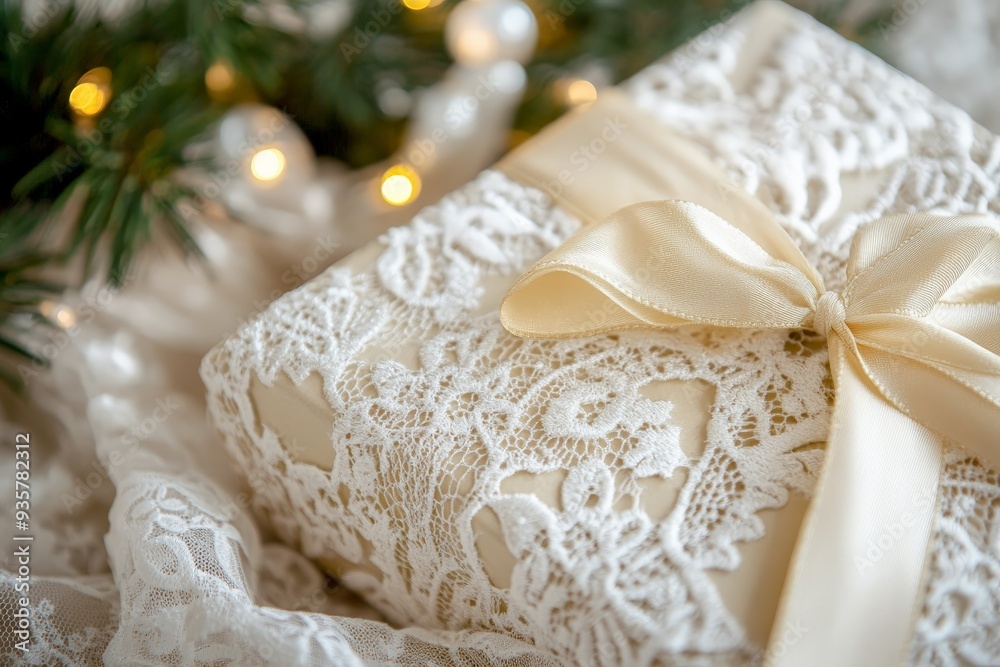 This image captures an intricately wrapped gift adorned with lace and a satin ribbon, set against a softly lit background, creating a warm and inviting holiday ambiance.