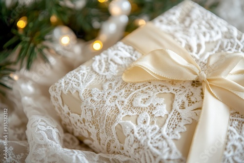 This image captures an intricately wrapped gift adorned with lace and a satin ribbon, set against a softly lit background, creating a warm and inviting holiday ambiance.