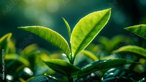 Close-Up of a Vibrant Green Tea Leaf in Sunlight photo