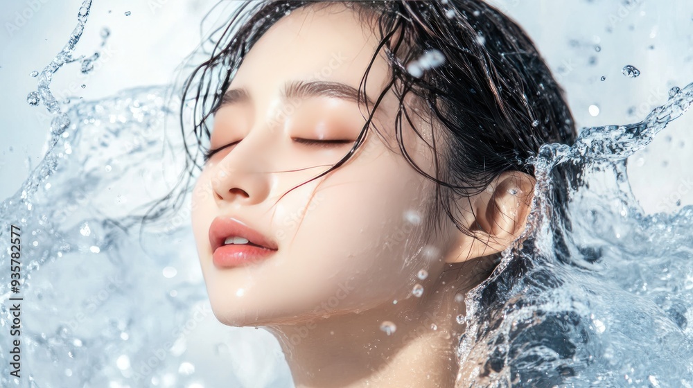 Close-up of a woman's face with water splashing around her. Close-up of a woman's face with water splashing around her.