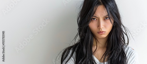 Young attractive Asian woman with long black hair posing angrily emotionally isolated against a white background. Copy space image. Place for adding text and design