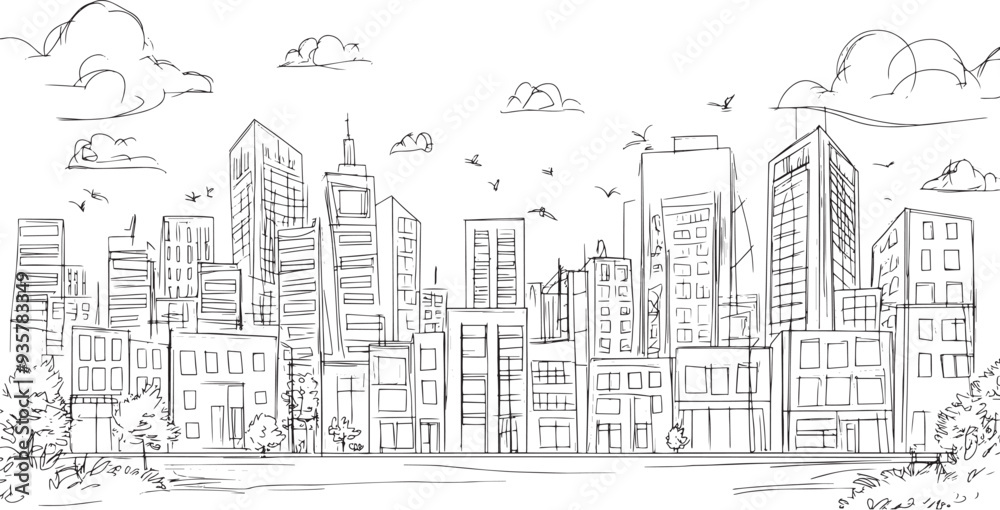 City landscape. Line urban backdrop. Skyline with clouds, different buildings on street, doodle street draw, outline cityscape hand sketch, flat houses. Hand drawn vector illustration City landscape. Line urban backdrop. Skyline with clouds, different buildings on street, doodle street draw, outline cityscape hand sketch, flat houses. Hand drawn vector illustration
