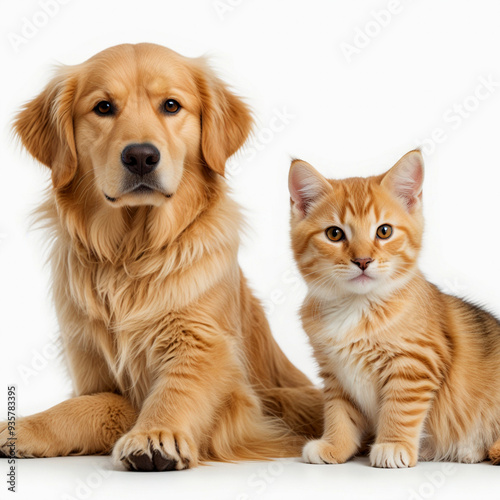 Golden retriever puppy and tabby cat sitting and love together, isolated on white background