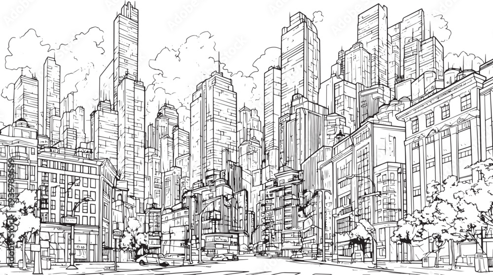 City landscape. Line urban backdrop. Skyline with clouds, different buildings on street, doodle street draw, outline cityscape hand sketch, flat houses. Hand drawn vector illustration City landscape. Line urban backdrop. Skyline with clouds, different buildings on street, doodle street draw, outline cityscape hand sketch, flat houses. Hand drawn vector illustration