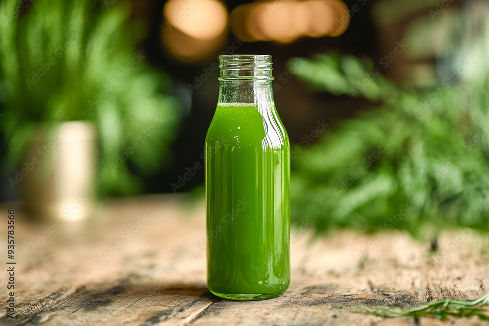 bottle of cold-pressed smoothie made of natural fruits