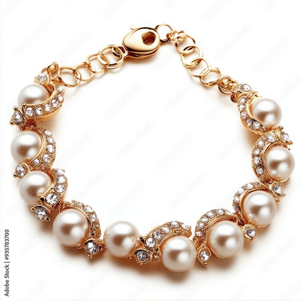 Elegant Pearl and Gold Bracelet: Minimalist Design on White Background Elegant Pearl and Gold Bracelet: Minimalist Design on White Background