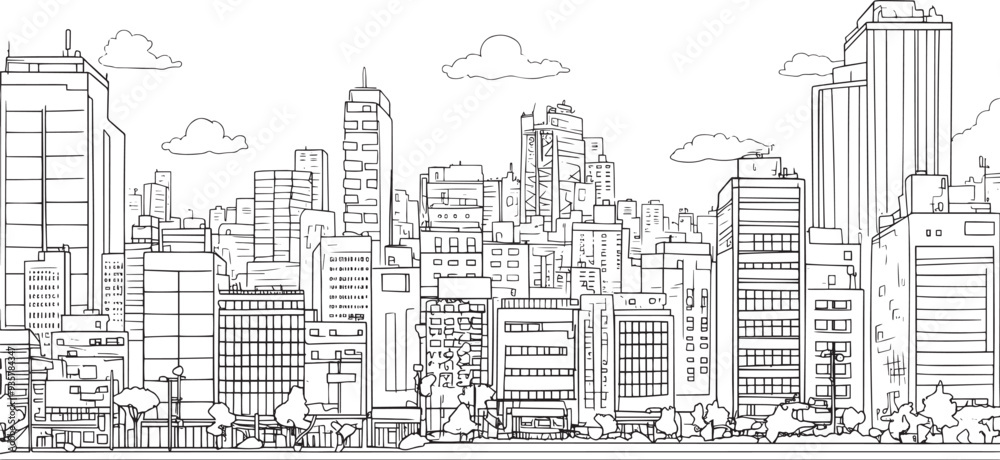 Fototapeta premium City landscape. Line urban backdrop. Skyline with clouds, different buildings on street, doodle street draw, outline cityscape hand sketch, flat houses. Hand drawn vector illustration
