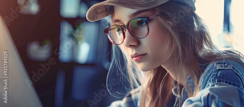 A young woman with a nerdy appearance is wearing a hat while using her laptop. Copy space image. Place for adding text and design photo