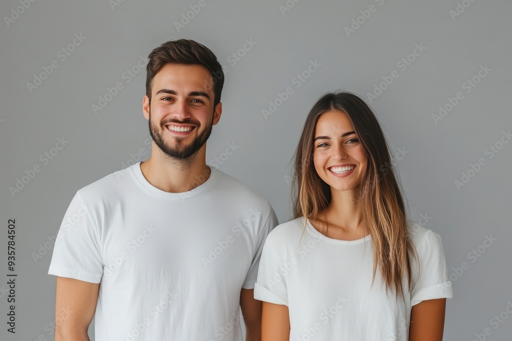 Confident Couple Smiling in Summer Outfits Against Grey Background Confident Couple Smiling in Summer Outfits Against Grey Background