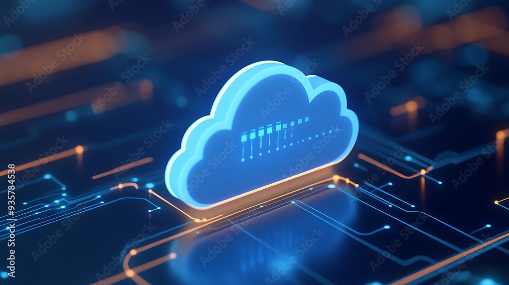 Futuristic cloud computing concept with glowing cloud icon on a digital circuit board, representing modern technology and data storage. Futuristic cloud computing concept with glowing cloud icon on a digital circuit board, representing modern technology and data storage.
