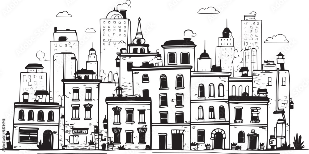 City landscape. Line urban backdrop. Skyline with clouds, different buildings on street, doodle street draw, outline cityscape hand sketch, flat houses. Hand drawn vector illustration City landscape. Line urban backdrop. Skyline with clouds, different buildings on street, doodle street draw, outline cityscape hand sketch, flat houses. Hand drawn vector illustration