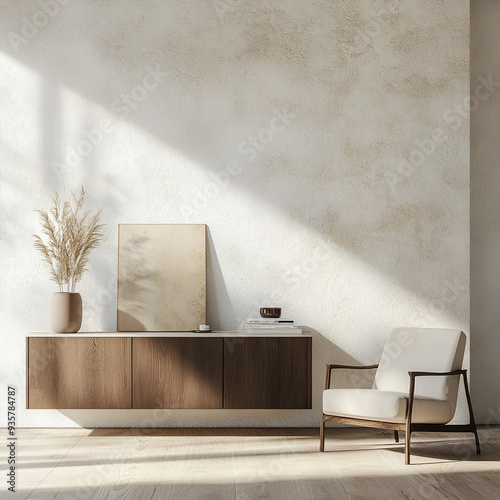 An empty wall opposite, a modern buffet in front of the wall, a single armchair next to it, decorated in light tones in a modern, stylish and IKEA style